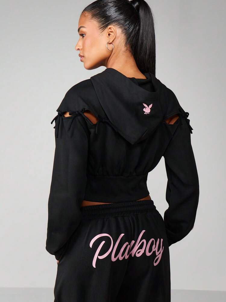 Missguided x Playboy Bow Detail Zip Front Hoodie With Drawstring And Cutout Design For Fall Winter Casual Wear