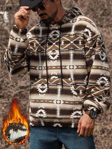 Manfinity Nomadique Men's Fall Winter Geo Pattern Drawstring Hoodie Graphic Sherpa Hoodie Mens Sherpa Hoodie Brown Sherpa Hoodie Sherpa Hoodie Men Boho Outdoor Music Festival, Boyfriend/Husband Gift, Anniversary Gift