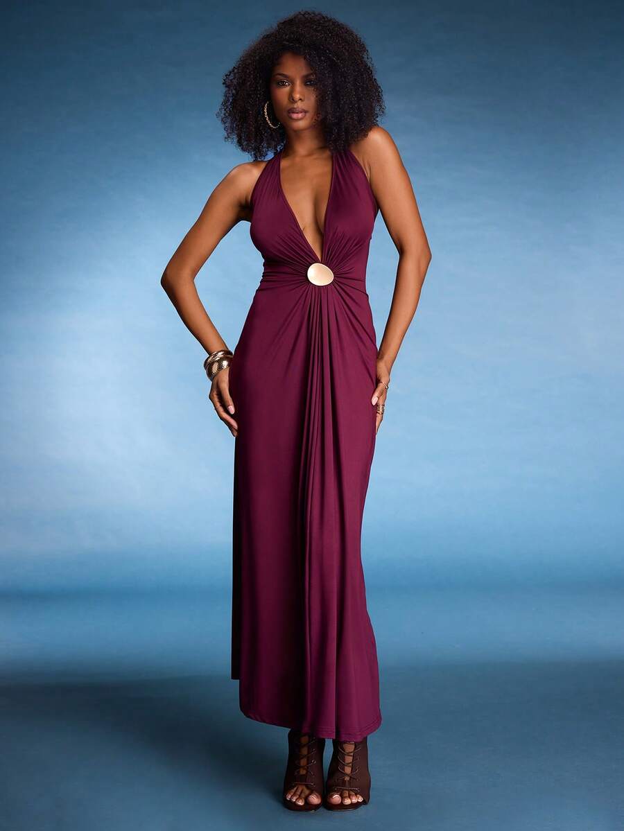 Normani 女士酒红色纯色针织露背连衣裙，金属桶形褶皱伞裙摆长款连衣裙，优雅连衣裙，适合节日、婚礼、生日、毕业季等场合，紧身连衣裙，女士秋季连衣裙，圣诞节服装，万圣节服装，约会之夜服装，婚礼宾客礼服，优雅婚礼宾客礼服，适合秋冬季节 - 酒紅色 - 查看 1