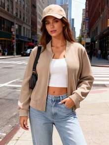 SHEIN Tall CURVE Plus Size Women Casual Stand Collar Zip-Up Jacket - Khaki - View 6