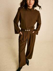 Poéselle 女式纯色纽扣装饰圆领长袖上衣和裤子两件套 - 棕色 - 查看 8