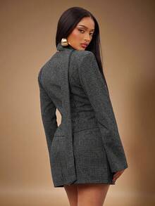 Radiana 复古时尚通勤棕色千鸟格羊毛三件套：修身西装外套 + 低腰半裙 + 围巾（含垫肩）半裙套装 西装外套半裙套装 粗花呢两件套 女士套装 女士西装外套套装 - 灰色 - 查看 2