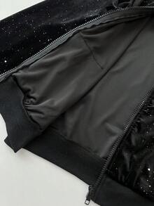 SHEIN Unity 女士黑色丝绒卫衣，闪光面料，修身显瘦，连帽长袖，休闲通勤，秋冬季 - 黑色 - 查看 6