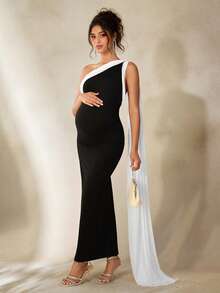 Cheriluna Maternity 孕妇写真连衣裙，蝴蝶结领，修身撞色长裙，后开衩 - 黑與白 - 查看 6