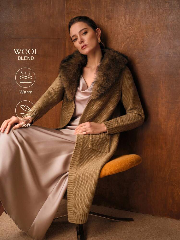 Women's Elegant Fur Collar Long Sleeve Cardigan With Dual Pockets, Autumn/Winter