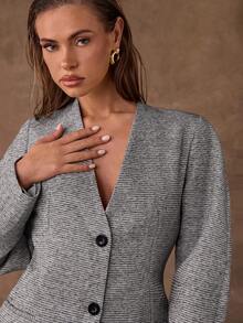 SHEIN BAE Blazer Minimalista de Manga Longa Casual com Estampa Xadrez e Sem Colarinho - Cinza - Visão 8
