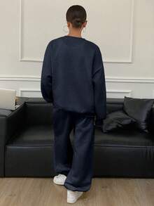 DAZY 女士纯色宽松圆领长袖卫衣和运动裤两件套，保暖内衬家居服套装