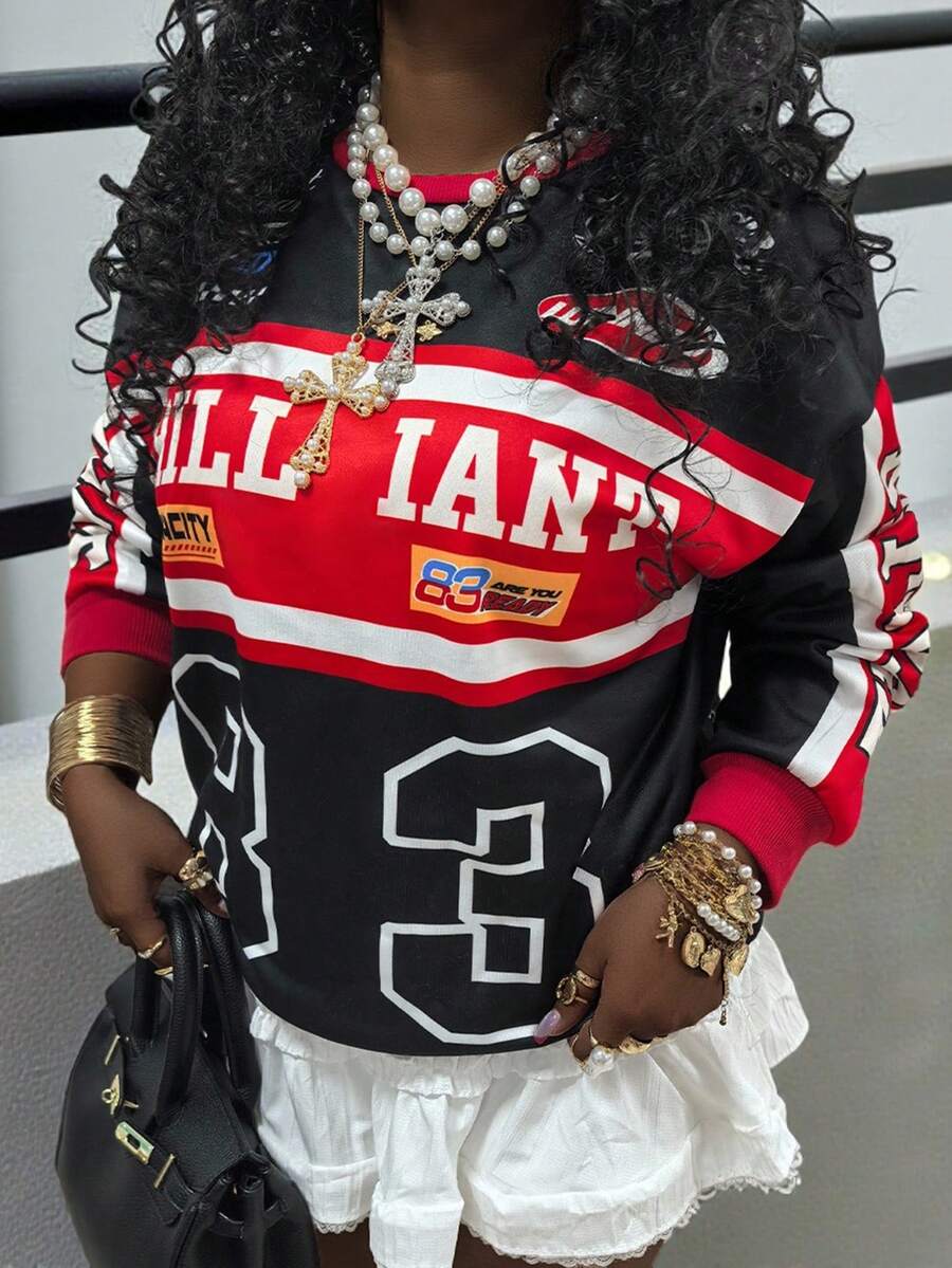 Rovax Women's Standard Size Colorblock Creative Pattern Casual Crew Neck Sweatshirt