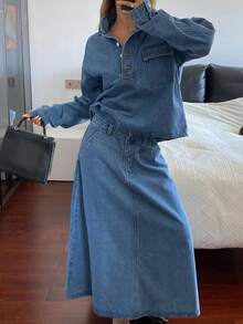 Livesso Women's Casual Denim Jacket And Skirt Set, Autumn - Blue - View 4