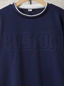 2件套青少年男童休闲字母压纹圆领套头卫衣，二合一设计，纹理面料，白色撞色拼接增添层次感，适合秋冬季日常穿着，可搭配外套。