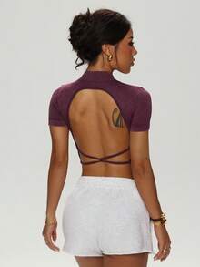 Slayform 女式条纹领短袖短款露背修身运动T恤 - Bold Plum - 查看 3