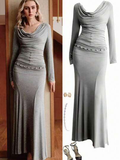  Uhlyne Asymmetric Neck T-Shirt & Ruched Mermaid Hem Skirt 2 Pieces Set, Minimalist Style For Work And Casual Wear, Autumn