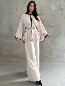 Firerie Conjunto elegante minimalista de mujer para uso diario, compuesto por un cárdigan de cuello redondo con volantes en contraste de color albaricoque y negro, de manga larga, y pantalones rectos sueltos. Nuevo conjunto elegante de dos piezas para otoño/invierno, atuendo para maestras, uso al aire libre