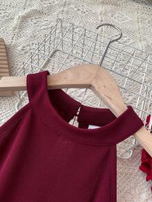 SHEIN 少女酒红色针织露背无袖收腰 A 字形派对连衣裙，圣诞节和新年