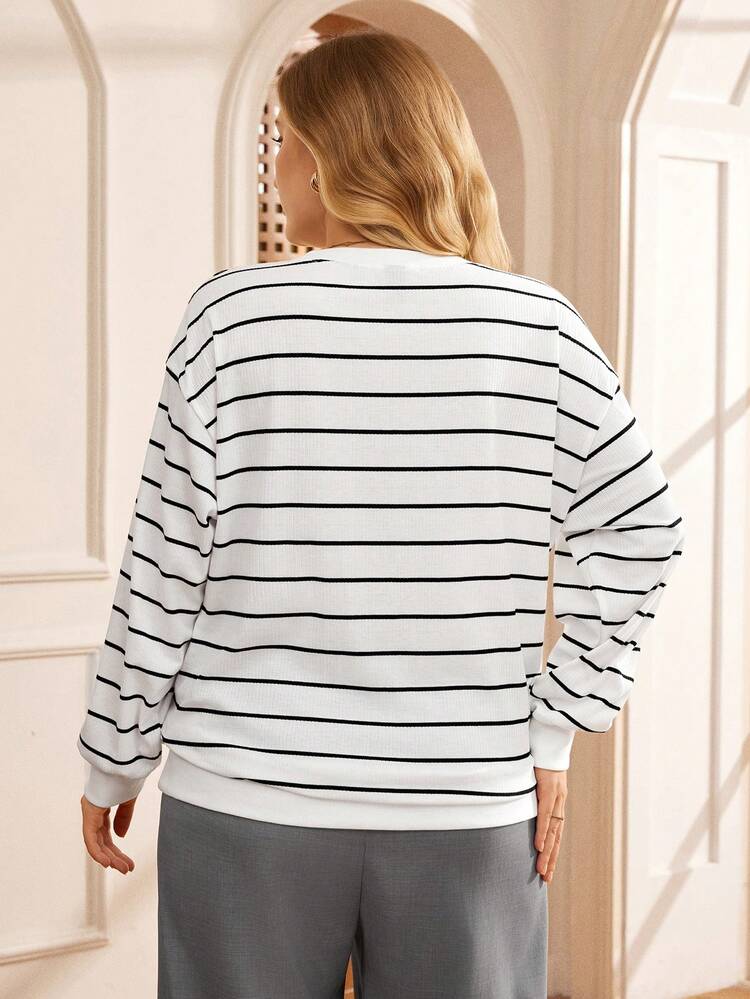 Plus Size Casual Striped Long Sleeve T-Shirt, Suitable For Commuting, Autumn/Winter,2025 New