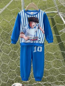 Captain Tsubasa X SHEIN 2pcs/Set Young Boy Sports Casual Figure Graphic Crew Neck Long Sleeve Sweatshirt And Pants Knit Suit, Blue - Blue - View 3
