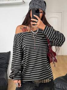Coolane 女士秋冬街头服饰外出节日复古 Y2K 基本款垃圾摇滚哥特简约条纹弹力露肩长袖 T 恤 - 黑色 - 查看 2