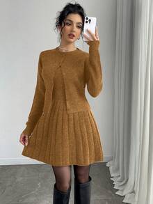 Selianne 2 件套女式纯色简约长袖毛衣开衫和无袖连衣裙套装，休闲日常穿着 - 卡其色 - 查看 3