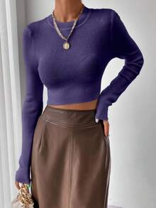 RosyDaze Women's Casual Solid Color Crew Neck Long Sleeve Sweater, Autumn/Winter - Purple - View 3
