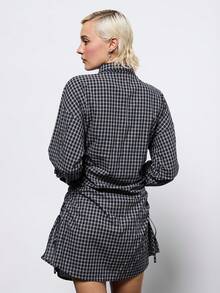 COUREZ 褶皱侧边格纹衬衫裙 / Y2K 冬季穿搭 冬季连衣裙 优雅外出连衣裙 长袖连衣裙 新年 - 藏蓝色 - 查看 3