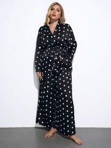 Maija 大码女式波尔卡圆点印花长袖上衣和阔腿裤休闲两件套 - 黑與白 - 查看 3