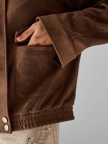 SHEIN TRNDY 1 件女式棕色夹克，休闲拉链前口袋长袖宽松版型，百搭秋冬 - 棕色 - 查看 8