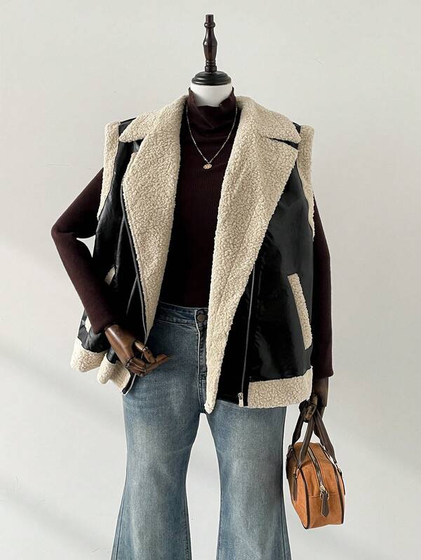 Auralis Chaqueta/chaleco de piel sintética negro, cómodo y suelto, para uso diario, de moda casual para mujer talla grande en otoño e invierno, ropa de invierno para mujeres, abrigos de invierno