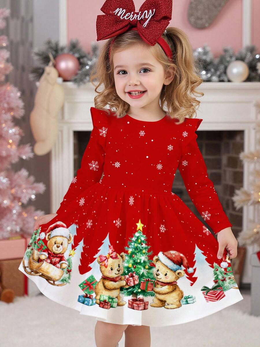 SHEIN Happikins Christmas Series, Red Christmas, Cute Cartoon Christmas Sleigh Bear Illustration & Snowflake Pattern Print, Young Girl Casual Elegant Sweet Fashion Flare Sleeve Long Sleeve Christmas Dress, Suitable For Autumn/Winter Daily Wear, Christmas Party, Photo Shoot, Home
