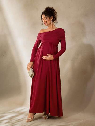 Cheriluna Maternity Solid Color Asymmetrical Shoulder Ruched Long Sleeve A-Line Elegant Maternity Photoshoot Formal Dress/Christmas Party Dress/Red Dress/Winter Dress