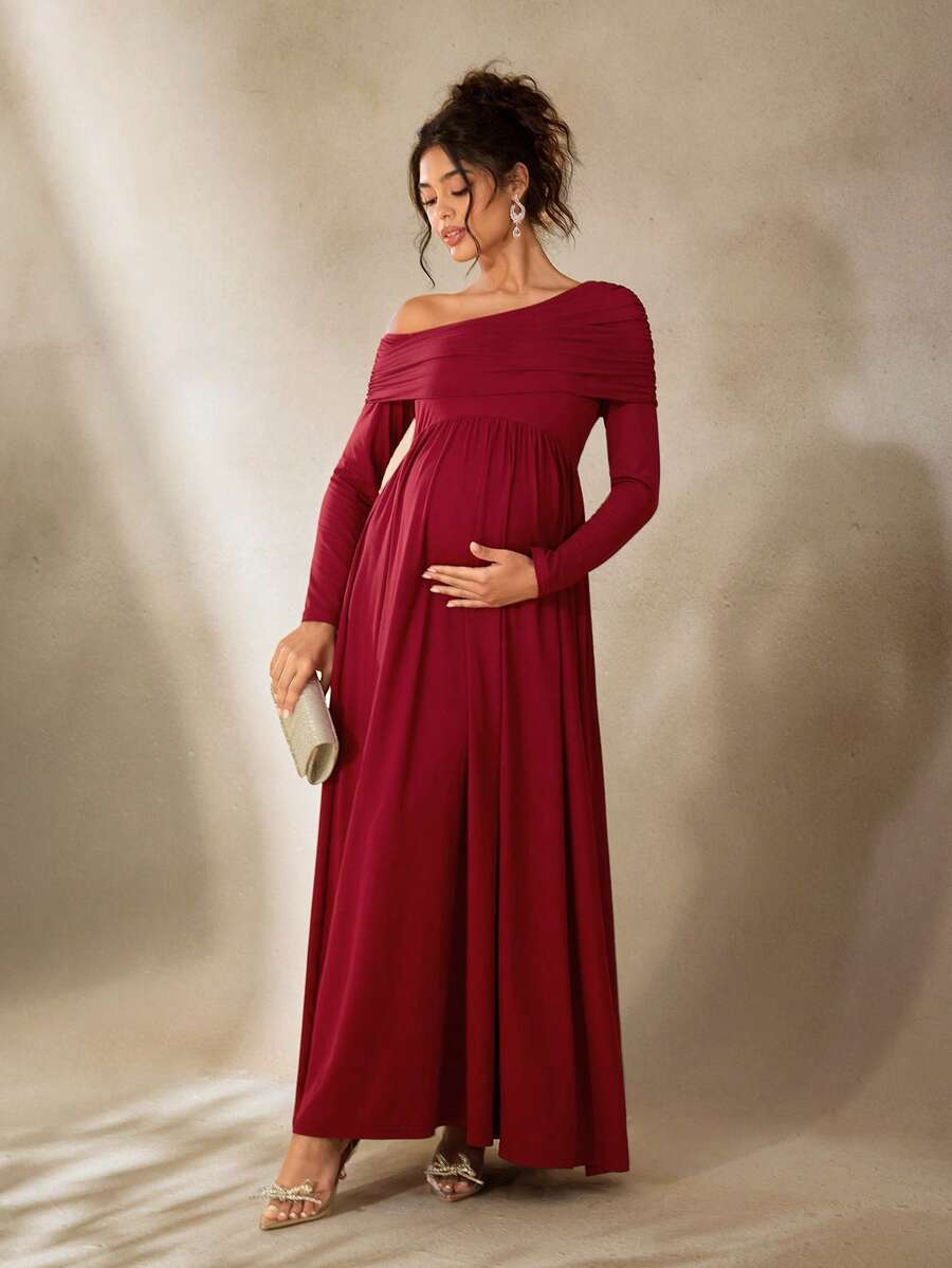 Cheriluna Maternity 纯色不对称肩部褶皱长袖A字优雅孕妇写真礼服/圣诞派对礼服/红色礼服/冬季礼服 - 酒紅色 - 查看 1