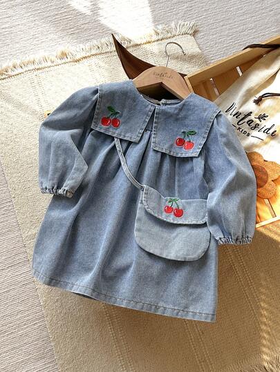 Vintaside Kids Sukienka dla dziewczynki na wiosnę i jesień z haftowanymi klapami i długim rękawem, modna, swobodna, z spranego dżinsu, odpowiednia na łagodną pogodę, praktyczna i stylowa, idealna do noszenia na co dzień w chłodne miesiące