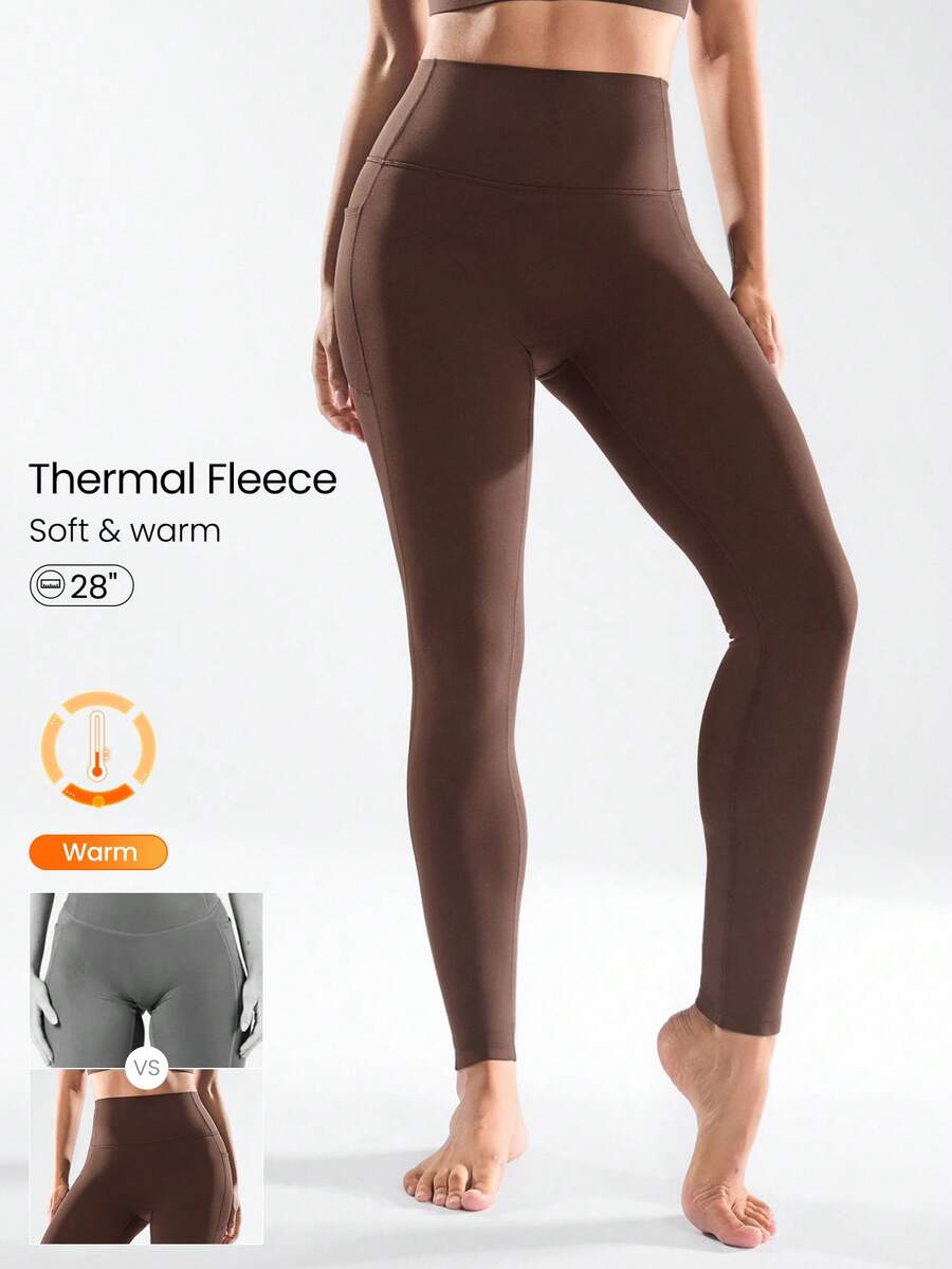 GLOWMODE 28" FeatherFit™-Warm Winter Moves Soft Stretchy Ultra High-Waist Side Pockets Leggings Autumn Winter Yoga Pilates Studio Wear - Chocolate Brown - View 1