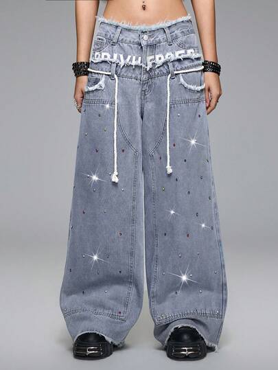 Grunge Punk Y2K Streetwear Chic Hiphop Style Handmade Beaded Decor Dual Waistband Design Loose Fit Denim Super Low Waist Jeans