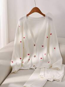 CosyJoli 大码女式秋冬长袖心形刺绣开衫 - 米色 - 查看 6
