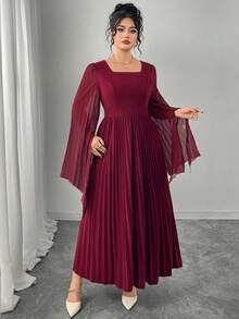 Modelyn Vestido elegante de fiesta con cuello cuadrado, drapeado y plisado para mujer de talla grande - Rojo - Ver 5