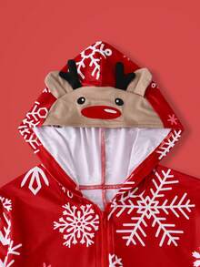 圣诞主题印花可爱卡通圣诞树、雪花、圣诞礼物、驯鹿服装长袖和裤子套装，抽绳下摆，可穿外套，妈妈和我，宝贝女孩，圣诞节家庭聚会，大女孩，睡衣，连体裤 - 紅色 - 查看 3