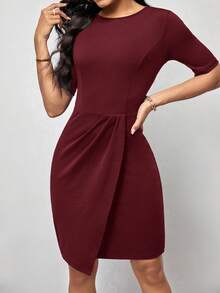 Editum Women's Solid Color Round Neck Short Sleeve Ruched Asymmetric Hem Elegant Dress - Dark Red - View 4