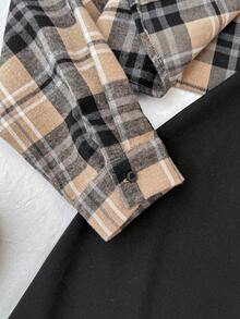 SHEIN 2pcs/Set Teen Girls Khaki Plaid Short Shacket And Bodycon Camisole Dress Outfit, Autumn/Winter Cute Cheap Clothes Girl Clothes Fall Black Dress Plaid Shirt - Khaki - View 4