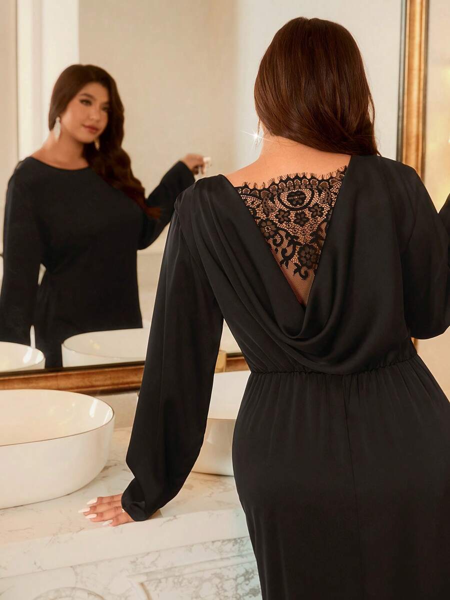 Firerie Plus Size Elegant Party Lace Patchwork Dress - Black - View 1