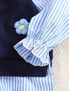 Elladie kids 2 件套女童简约时尚通勤拼接 3D 花卉装饰长袖上衣和喇叭裤套装，适合春秋季 - 藍色 - 查看 6
