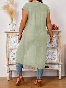 EMERY ROSE Plus Size Women Solid Color Batwing Sleeve Hollow Design Long Knitted Cardigan