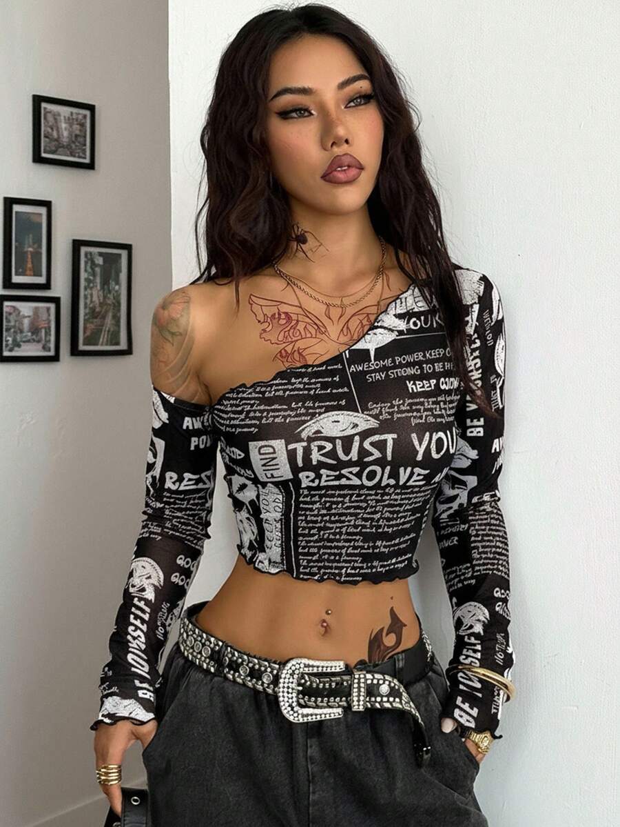 Coolane 女式秋季/四季节日西部风报纸图案弹力不对称领口长袖短款上衣 - 黑色 - 查看 1