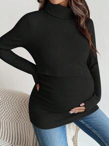 SHEIN 孕妇哺乳上衣，纯色简约日常穿着，高领长袖衬衫 - 黑色 - 查看 9