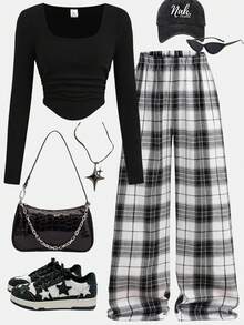 SHEIN Girlism Teen Girls 2pcs/Set Pants Plaid Daily Wear Microfleece Football/Soccer Black And White Sportswear Wide Leg Pants And Black Top Spring Date Night Tops Square Neck Ruched Curved Hem Tee Suit - Black and White - View 1
