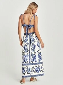 CAJUNI Women's Floral Print Hollow Out Waist Vacation Slip Dress