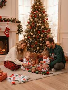 2 Stück Weihnachts-Baby-Mädchen Grafik-Muster Langarm Bodysuit und Leggings Pyjama Set