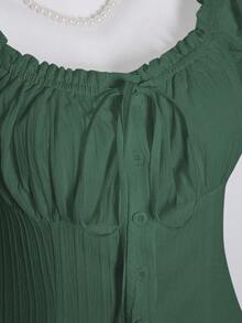 SHEIN Unity Women's Summer Solid Color Ruffle Hem Tie Waist Short Sleeve Blouse - Dark Green - View 5
