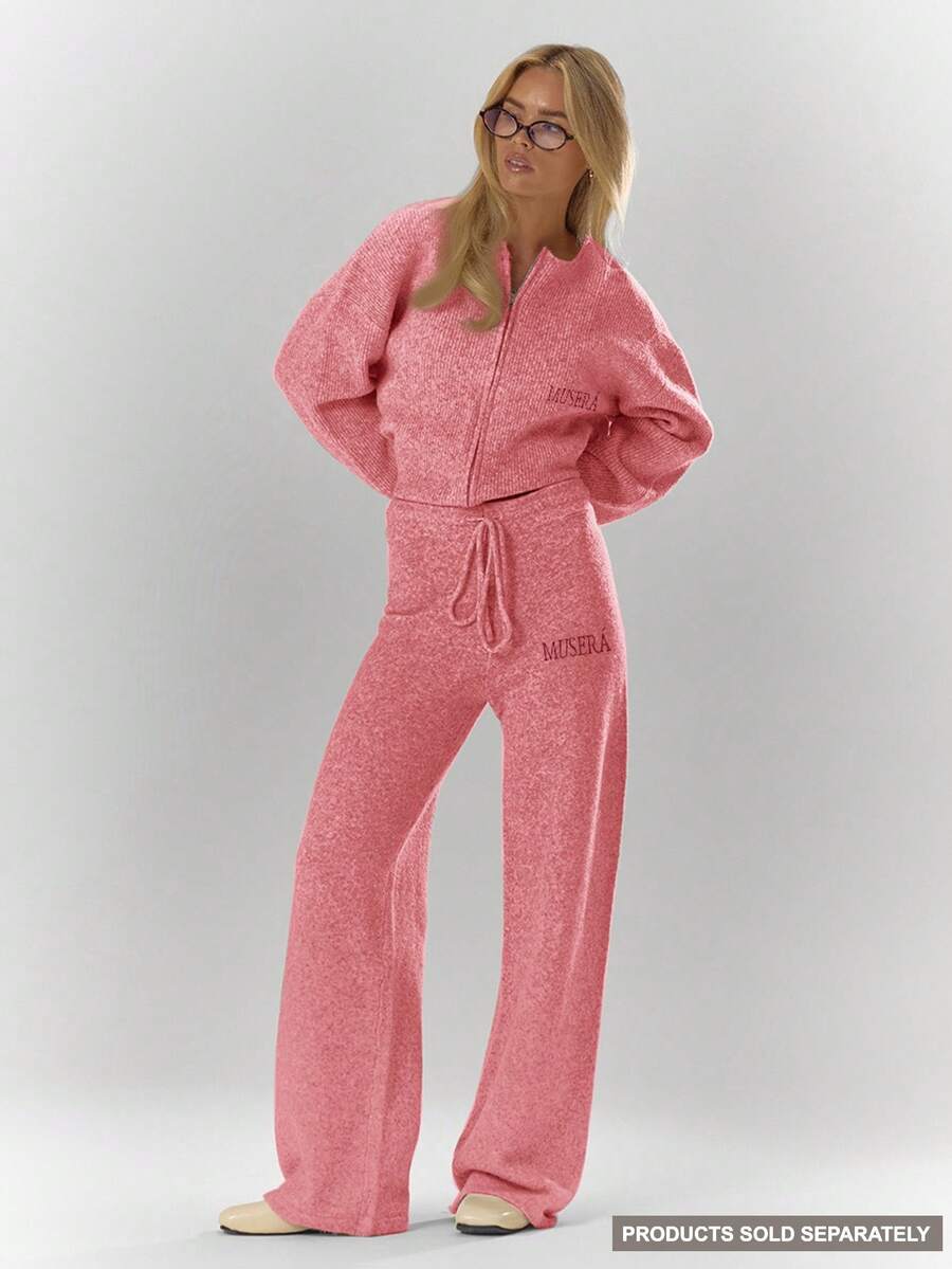 MUSERA Oversized Rib Knit Embroidered Detail Wide Leg Trousers Bottom Only Fall Autumn Cosy Cute Casual Coffee Club New Year Spring - Pink - View 1