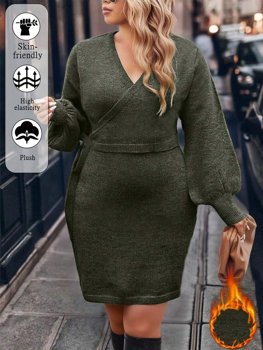 EMERY ROSE Plus Size Women Solid Color V-Neck Knitted Sweater Dress, Elegant Casual Autumn/Winter Dress Suitable For Christmas, Halloween, Back To School Season - Green - View 1