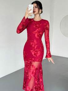 Firerie 女士勃艮第提花连衣裙 - 酒紅色 - 查看 3